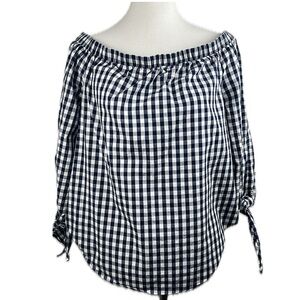 On Off Shoulder Gingham Plaid Check Cotton Top Sz XL Retro Classic Picnic Preppy